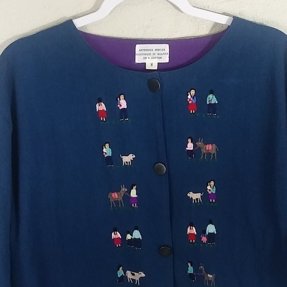 Artesania Sorata Spanish Influence Blue Button Up Long Sleeve Box Style Jacket - Picture 2 of 11